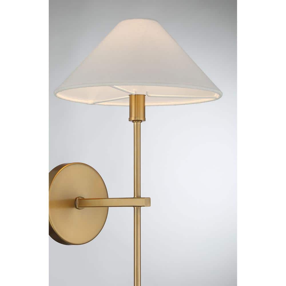 Warm Brass Dimmable Sconce with White Linen Shade