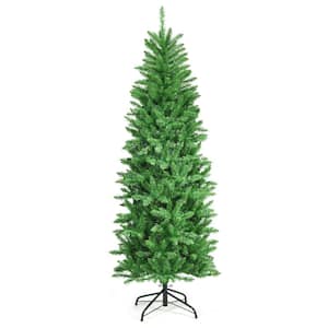 7 ft. Pre-lit Pencil Artificial Christmas Tree Hinged Fir Tree Holiday Decor with LED Lights