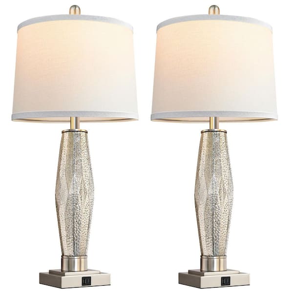 28'' Sliver Modern Rotary Switches Table Lamps Set of 2 with USB A+C Ports, White Shade Glass Beside Lamps for Bedroom