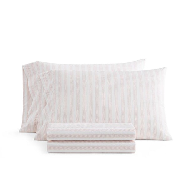 Leaf Stripe 4-Piece White/Pearl Peach Percale Cotton Full Sheet Set