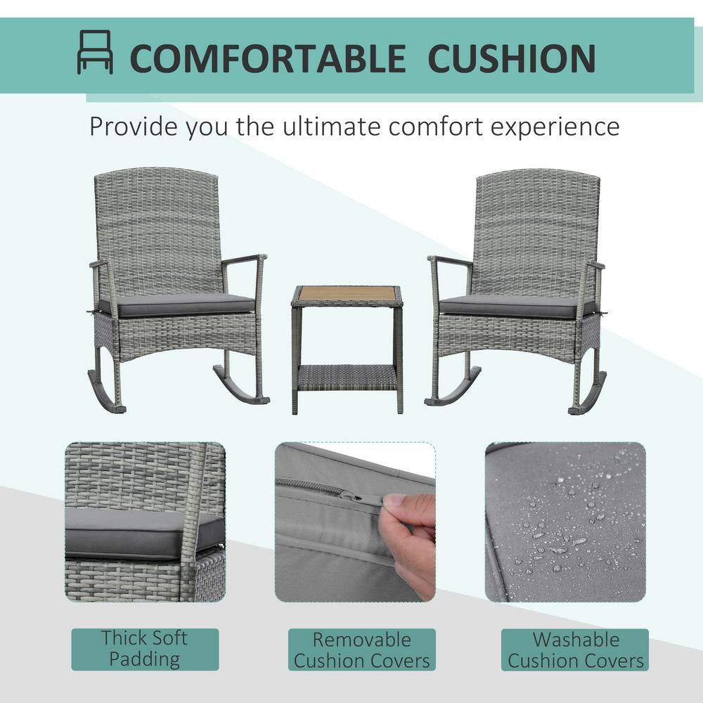 Gray PE Rattan Rocking Chair Set with Cushions and Wood Table