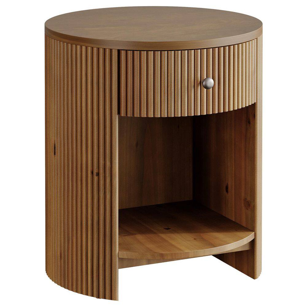 Round Walnut Brown 19.68 in.Wood End Table with Drawer, Nightstand with Storage, Fluted Side Table for Living Room, Home