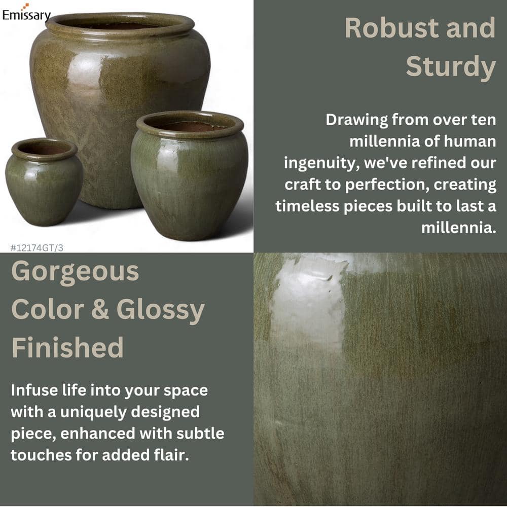 Tea Green Ceramic 13" Round Rimmed Indoor/Outdoor Planter