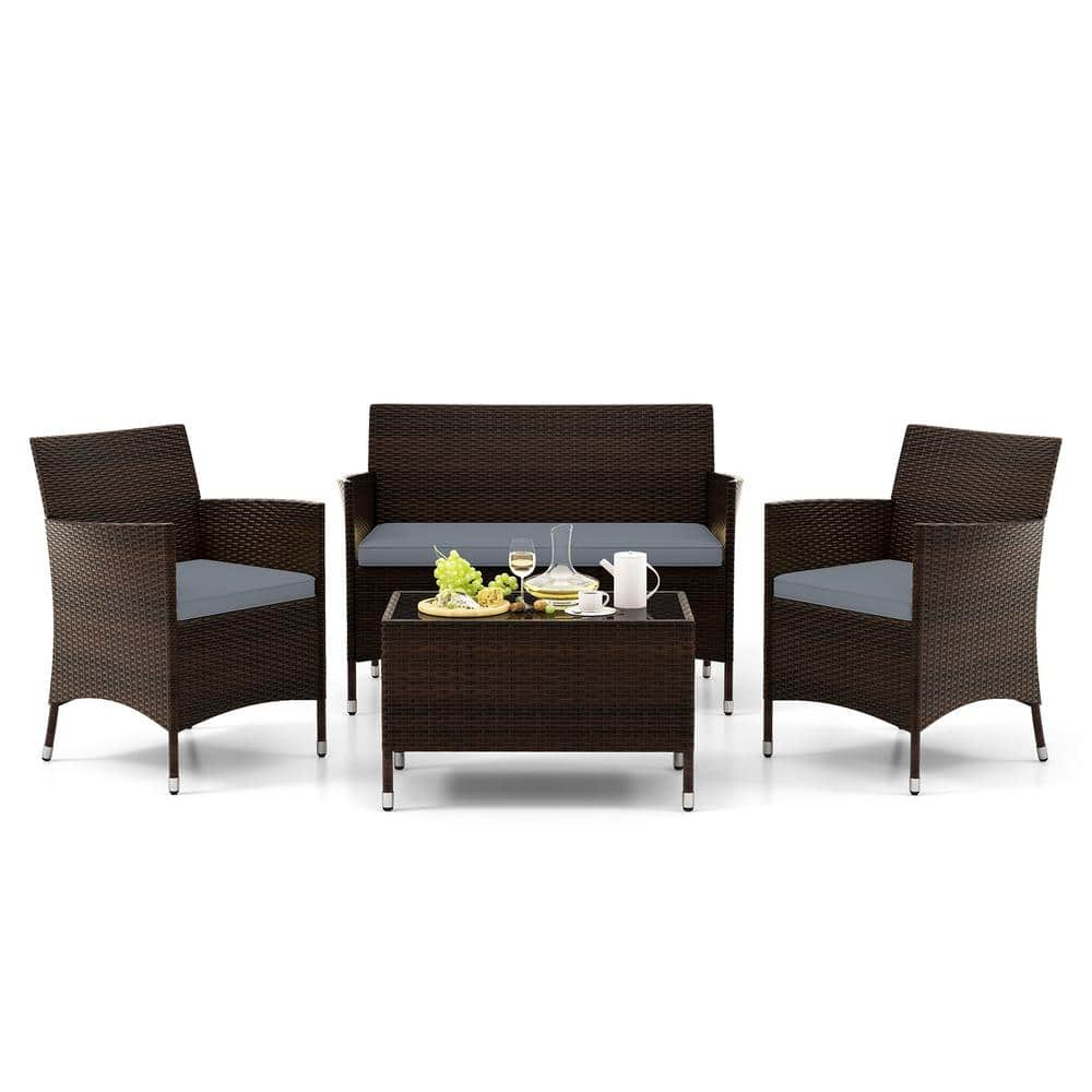 4-Piece Gray Rattan Wicker Patio Sofa Set with Cushions and Coffee Table