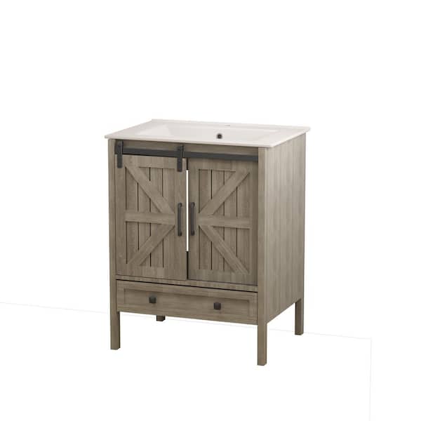 24 in. Single Sink Freestanding Wood Barn Door Bath Vanity with White Ceramic Top Unassembled, Rustic Sliding Cabinet
