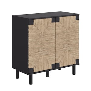 Beacon 31 in. Matte Black Wood Accent Cabinet with Seagrass Doors and Adjustable Shelf (Set of 2)