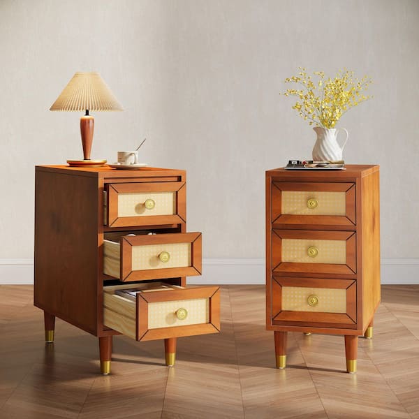 BYBLIGHT Kerlin 23. 62 in. Walunut Wood Rectangle All Solid Wood Side Table with 3-Drawers, Vintage End Table w/ Storage, 2-Piece