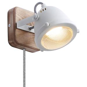 4.72 in. 1 Light Plug in GU10 Wall Sconces with White Rotating Shade, Industrial Wood Base Wall Lamp, Not Included Bulb