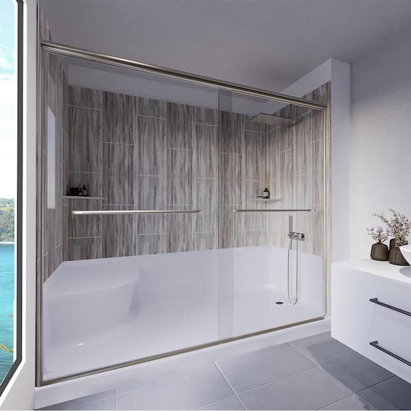 NuVo Driftwood-Rainier 60 in. x 32 in. x 83 in. Base/Wall/Door Seated Base Alcove Shower Stall/Kit Brushed Nickel Right