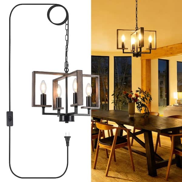 Wemi 15 in. 4-Light Black and Imitation Wood Grain Plug-In Farmhouse Chandelier Hanging Light w/ 15 ft. Cord and Switch