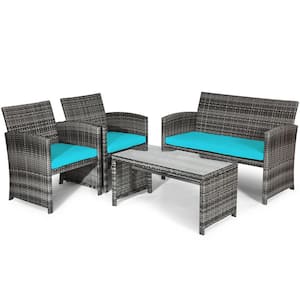 4-Piece Wicker Patio Conversation Set with Turquoise Cushions