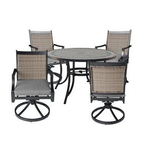 5-Piece Cast Aluminum Outdoor Dining Set Swivel Chair 48 in. Table with Gray Cushion & 2.3 in. Umbrella Hole