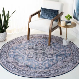 Tucson Blue/Charcoal 6 ft. x 6 ft. Machine Washable Medallion Floral Border Distressed Round Area Rug