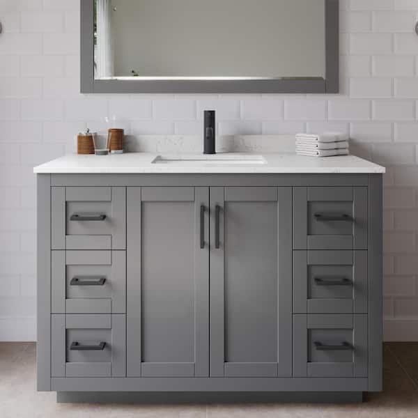 Wyndham Collection Miranda 48 in. W Single Bath Vanity in Dark Gray w/Cultured Marble Vanity Top in LV Carrara with White Basin and Mirror