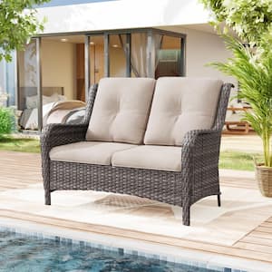 Brown Wicker Outdoor Patio Loveseat 2-Seat Sofa Couch with Beige Cushions