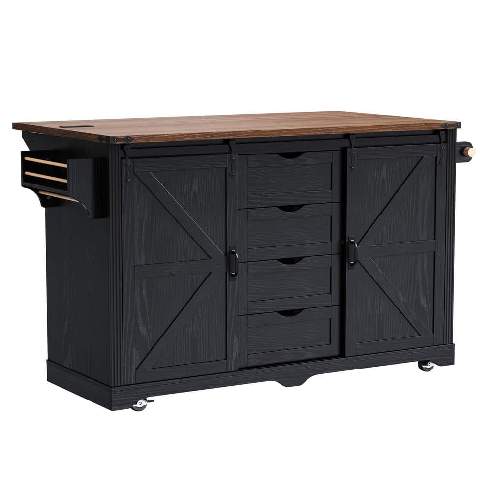 Farmhouse Black 72 in. W Rolling Kitchen Island Bar Cabinet with Drop Leaf, Drawers, Barn Doors and Glass Holder