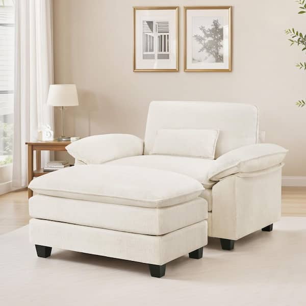 2-Piece Beige Chenille Fabric Upholstery Accent Chair 3-Layer Cushion Armchair with Ottoman