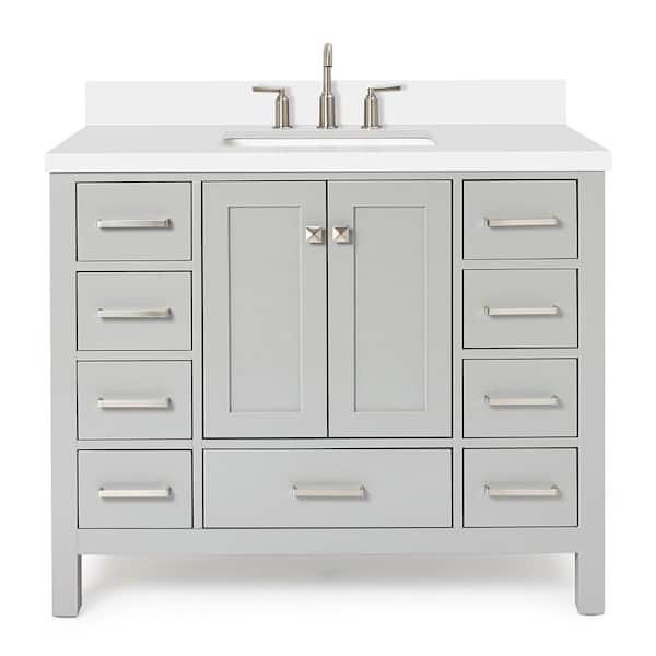 Cambridge 42 in. Single Sink Freestanding Bathroom Vanity in Gray with Pure White Quartz Top