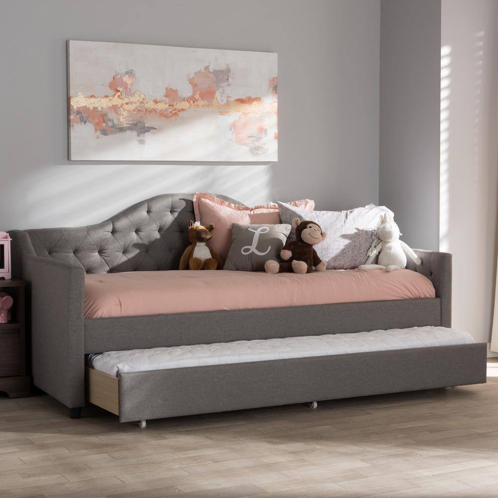Light Gray Twin Upholstered Daybed with Tufted Headboard and Trundle