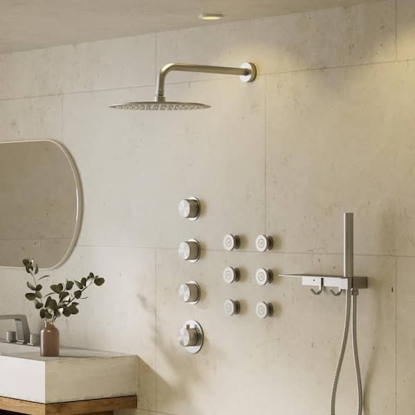 Module Switch 7-Spray 12 in. Dual Wall Mount Fixed and Handheld Shower Head 2.5 GPM in Brushed Nickel with Valve 6 Jets