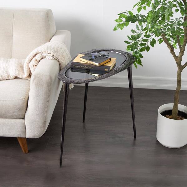 Litton Lane 15 in. Black Abstract Oval Shaped Large Oval Glass End Table with Shaded Glass Top and Detailed Engravings