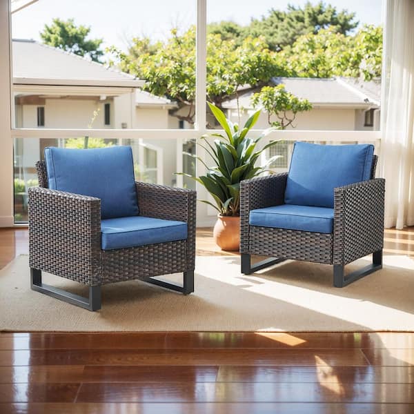 Opohoro U-Weave Metal and Brown Wicker Outdoor Lounge Chair with Olefin Navy Blue Cushions (2-Pack)