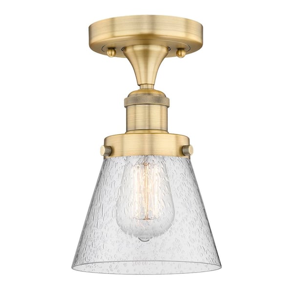 Cone 6.25 in. 1-Light Brushed Brass Art Nouveau Semi-Flush Mount with Seeded Glass Shade