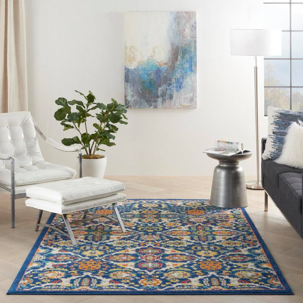 Navy Multicolor Floral Synthetic 5' x 7' Area Rug