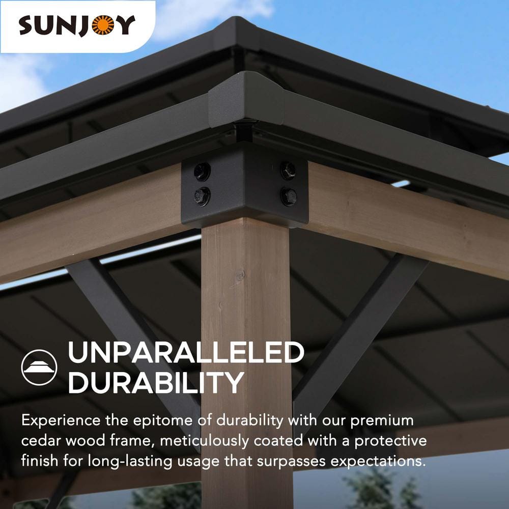 Sunjoy Sunjoy Wooden Grill Gazebo, 9.5 x 11.8 ft. Steel Hardtop Outdoor Gazebo for Year-Round Grilling, 2 Full Size Grills, Griddles or Smokers - Cook Station, Barbeque, Built-in Electrical Outlets