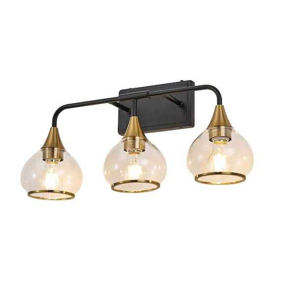 22.6 in. 3-Light Black and Gold Vanity Light with Clear Glass Shade