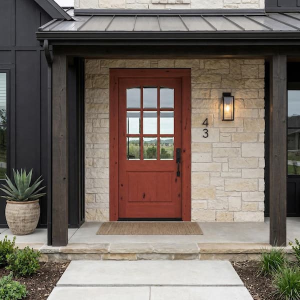 36 in. x 80 in. Rustic Knotty Alder Arch Top 9-Lite Clear Glass with V-Panel Unfinished Wood Front Door Slab