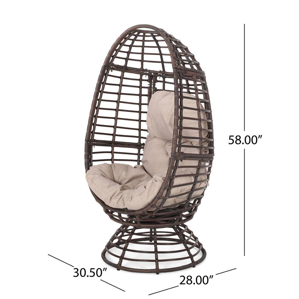 Pitner Dark Brown Iron Swivel Egg Chair with Beige Cushions