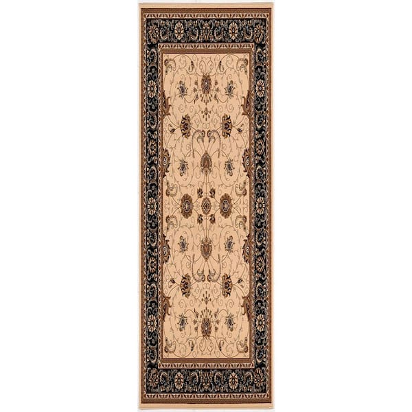 2 ft. x 19 ft. Black, Tan, Blue Oriental Washable Area Rug