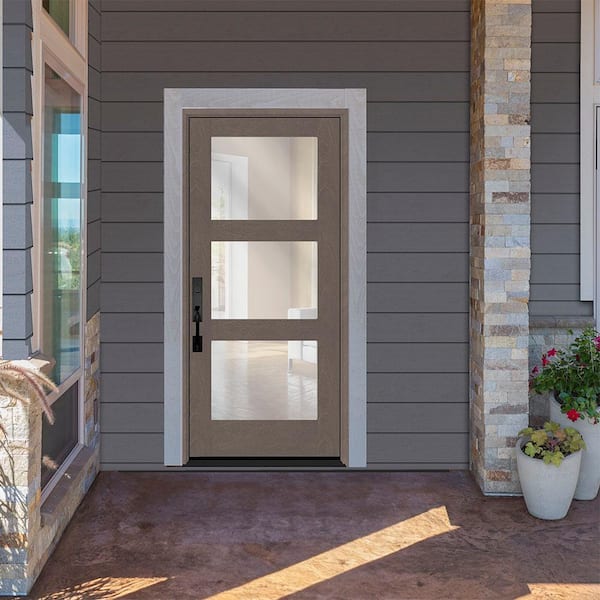 Regency 36 in. x 80 in. Modern 3-Lite Equal Clear Glass RHIS Ashwood Mahogany Fiberglass Prehung Front Door w/6 in. Jamb