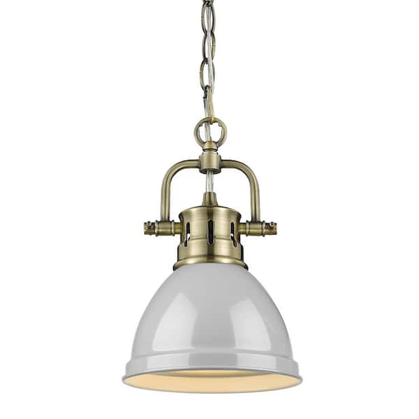 Golden Lighting Duncan 1-Light Aged Brass Mini-Pendant and Chain with Gray Shade