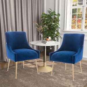 Navy Blue Velvet Dining Chair with Pulling Handle and Adjustable Foot Nails(Set of 2)