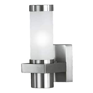 Konya 4.5 in. W x 8.5 in. H 1-Light Matte Nickel Outdoor Wall Lantern Sconce with Frosted Glass Cylinder Shade