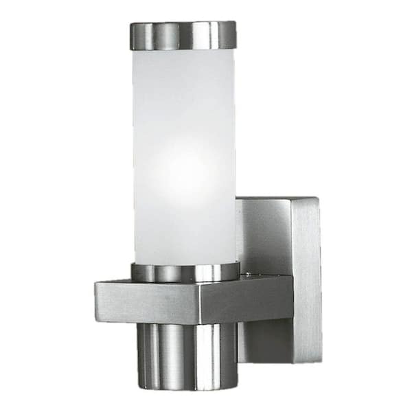 Eglo Konya 4.5 in. W x 8.5 in. H 1-Light Matte Nickel Outdoor Wall Lantern Sconce with Frosted Glass Cylinder Shade