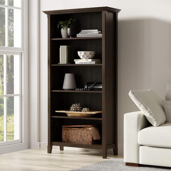 Simpli Home Amherst 70 in. H Hickory Brown Solid Wood 5-Shelf 36 in. 5 Shelf Bookcase