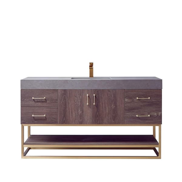 ROSWELL Alistair 60 in. W x 22 in. D x 34 in. H Bath Vanity in North Carolina Oak with Grey Sintered Stone Top