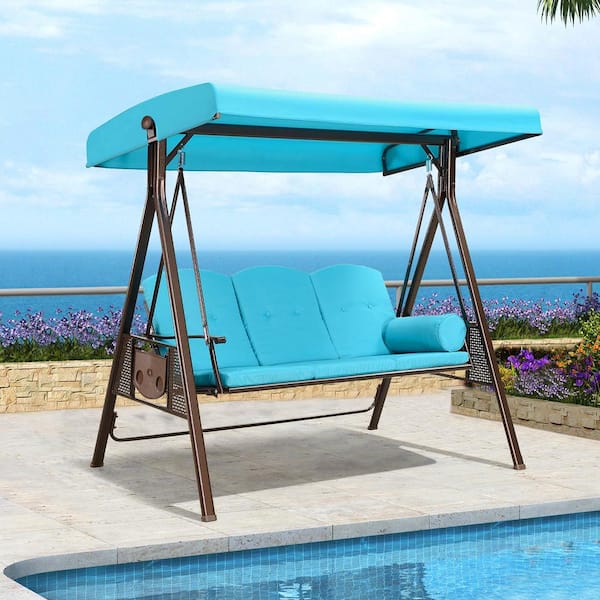 PURPLE LEAF 3-Person Steel Metal Patio Swing with Foldable Side Table, Canopy and Cushions, Turquoise Blue
