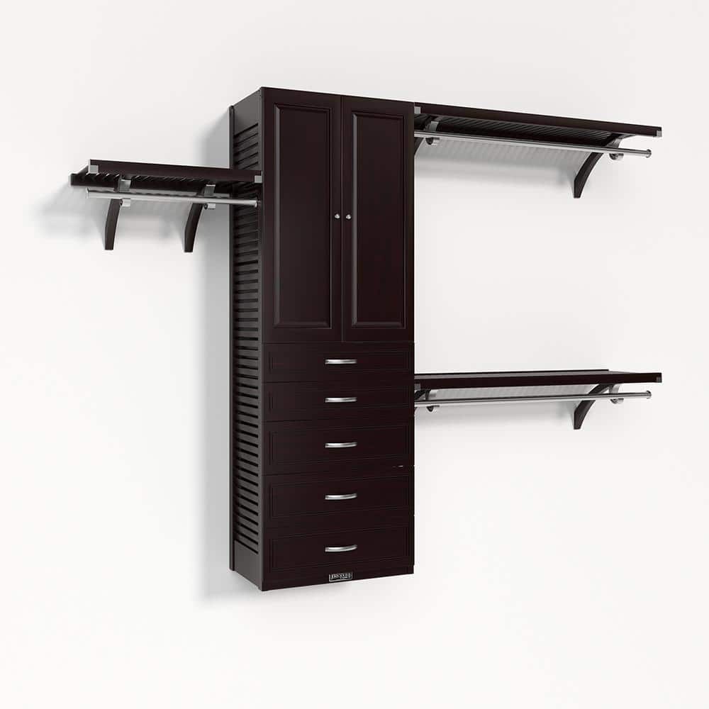 72 in. W - 120 in. W Espresso Walk in with 5 Drawers and Wood Door 16 in. Shelf Wood Closet System