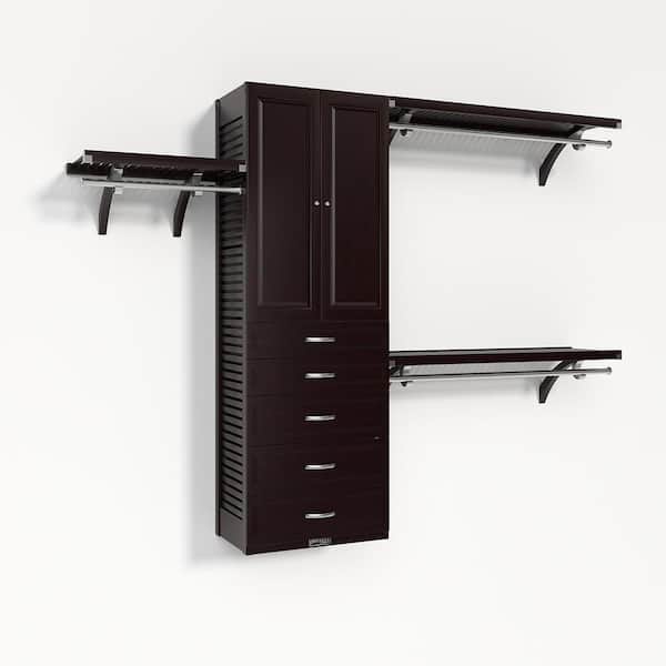 72 in. W - 120 in. W Espresso Walk in with 5 Drawers and Wood Door 16 in. Shelf Wood Closet System