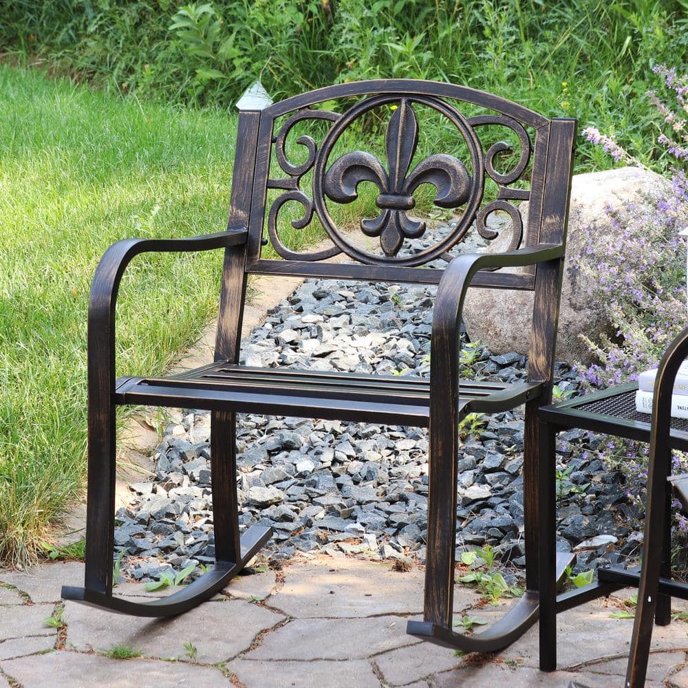 Black Cast Iron and Steel Fleur-de-Lis Outdoor Rocking Chair