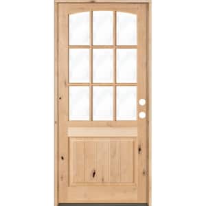 32 in. x 96 in. Knotty Alder Left-Hand/Inswing 9-Lite Arch Top V-Panel Clear Glass Unfinished Wood Prehung Front Door