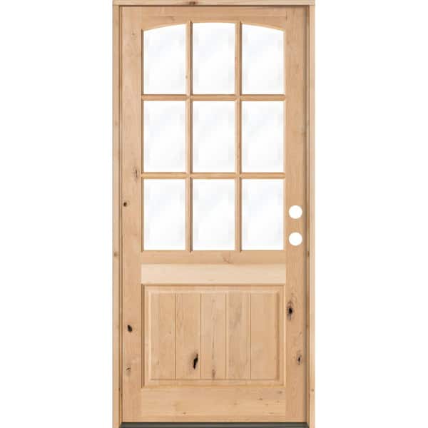 Krosswood Doors 32 in. x 96 in. Knotty Alder Left-Hand/Inswing 9-Lite Arch Top V-Panel Clear Glass Unfinished Wood Prehung Front Door