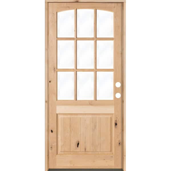 Krosswood Doors 42 in. x 96 in. Knotty Alder Left-Hand/Inswing 9-Lite Arch Top V-Panel Clear Glass Unfinished Wood Prehung Front Door