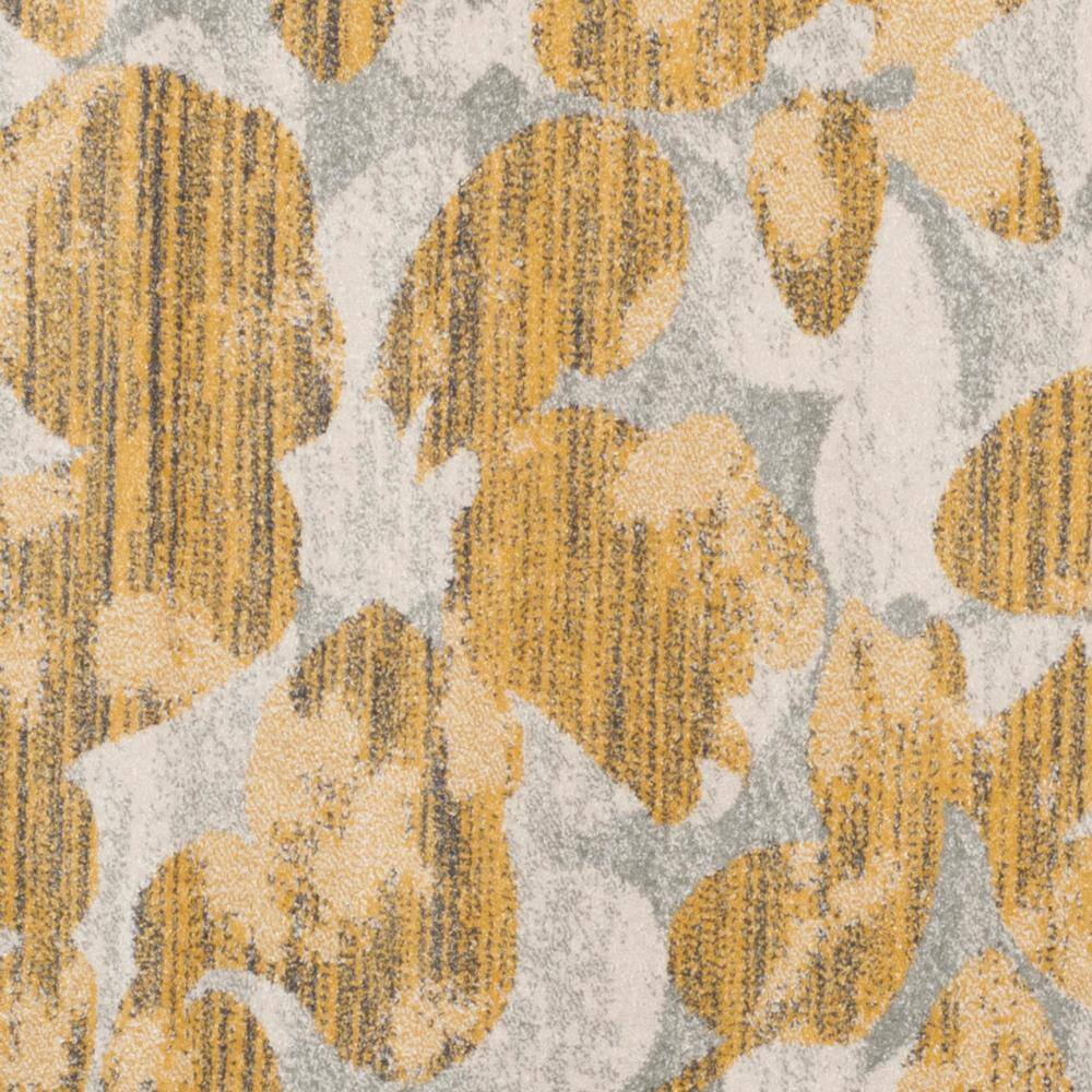 Grey and Gold Floral Round Synthetic Area Rug, 6'7"
