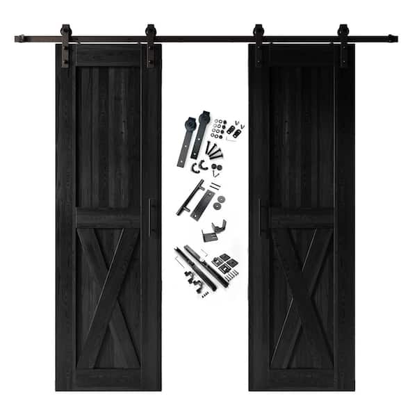 HOMACER 24 in. x 96 in. X-Frame Black Double Pine Wood Interior Sliding Barn Door with Hardware Kit, Non-Bypass