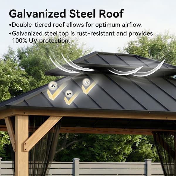 13 ft. x 11 ft. Outdoor Patio Wood Frame Hardtop Gazebo with Double Galvanized Steel Roof and Mosquito Netting
